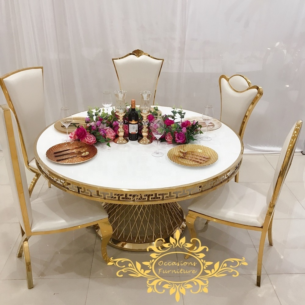 Popular design glass top stainless steel frame dining table small waist base round table for wedding decoration