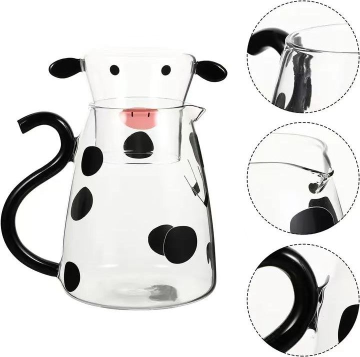 550ml/1800ml Transparent Glass Jug Heat-resistant Cartoon Cute Cow Shape Tea Pot And Cup Set Water/milk Cold Kettle Coffee Pot