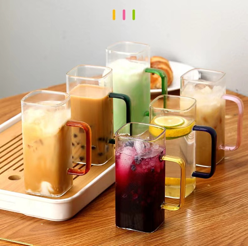 Top Selling Water Tumbler Clear Glassware Drinkware Iced Coffee Tea Mug Drinking Glasses Square Glass Cup With Lid Straw Handle