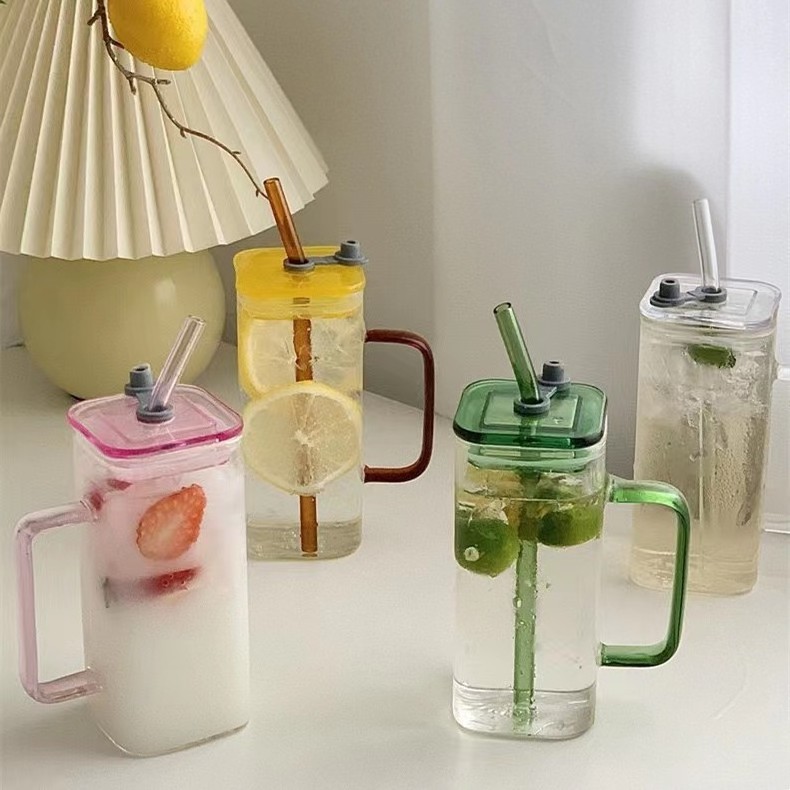 Top Selling Water Tumbler Clear Glassware Drinkware Iced Coffee Tea Mug Drinking Glasses Square Glass Cup With Lid Straw Handle