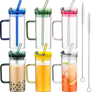 Top Selling Water Tumbler Clear Glassware Drinkware Iced Coffee Tea Mug Drinking Glasses Square Glass Cup With Lid Straw Handle