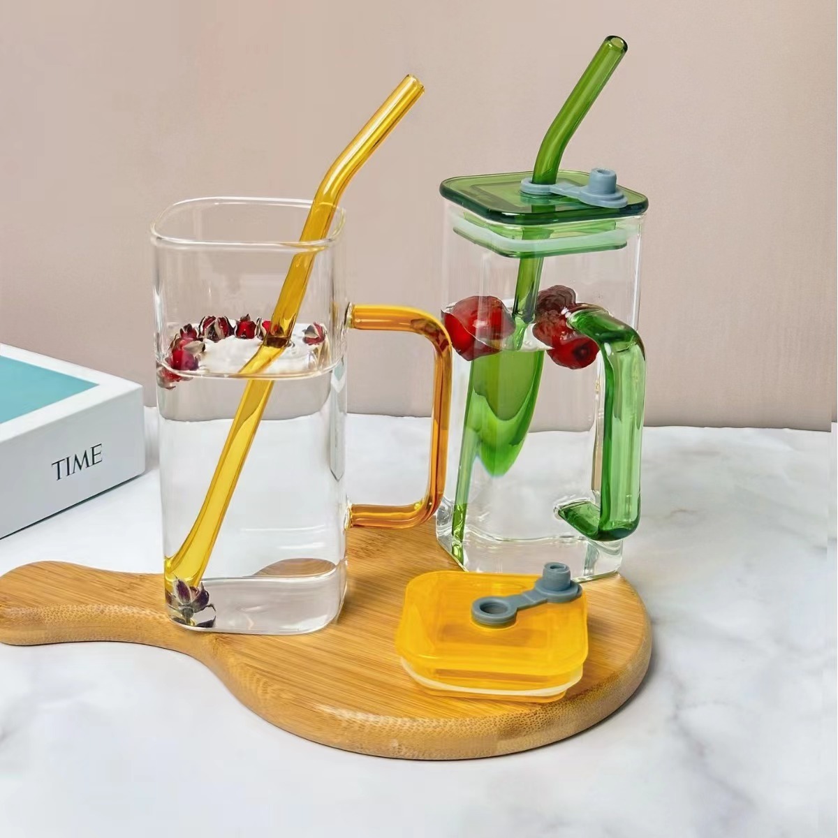 Top Selling Water Tumbler Clear Glassware Drinkware Iced Coffee Tea Mug Drinking Glasses Square Glass Cup With Lid Straw Handle