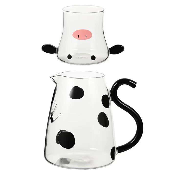 550ml/1800ml Transparent Glass Jug Heat-resistant Cartoon Cute Cow Shape Tea Pot And Cup Set Water/milk Cold Kettle Coffee Pot