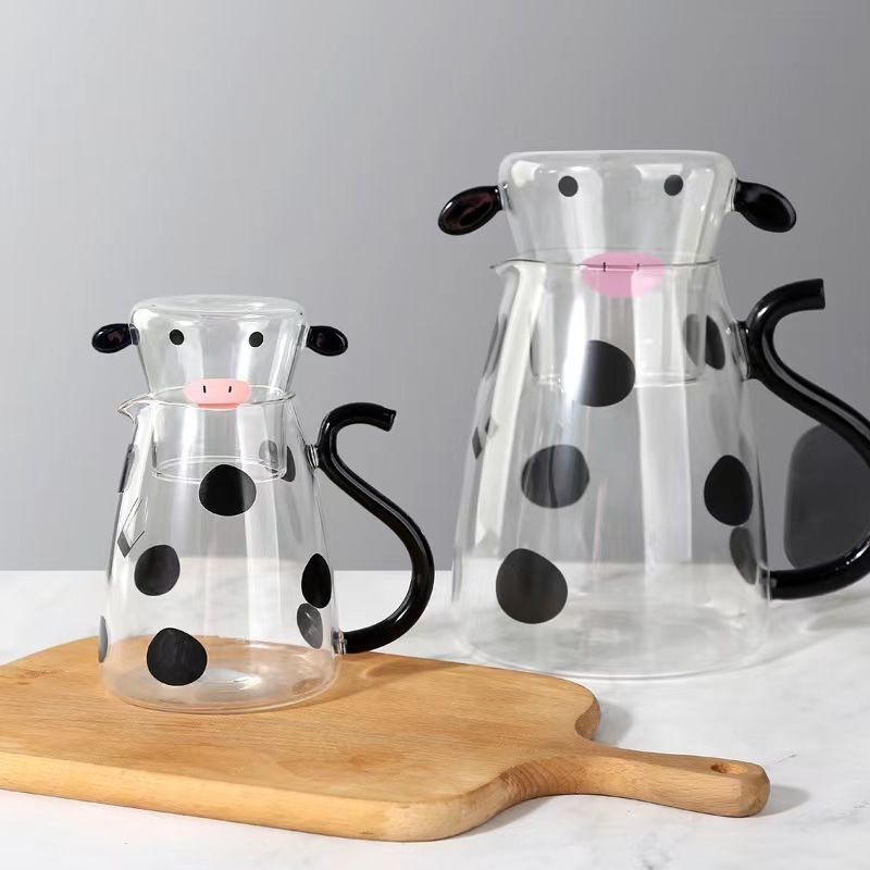 550ml/1800ml Transparent Glass Jug Heat-resistant Cartoon Cute Cow Shape Tea Pot And Cup Set Water/milk Cold Kettle Coffee Pot