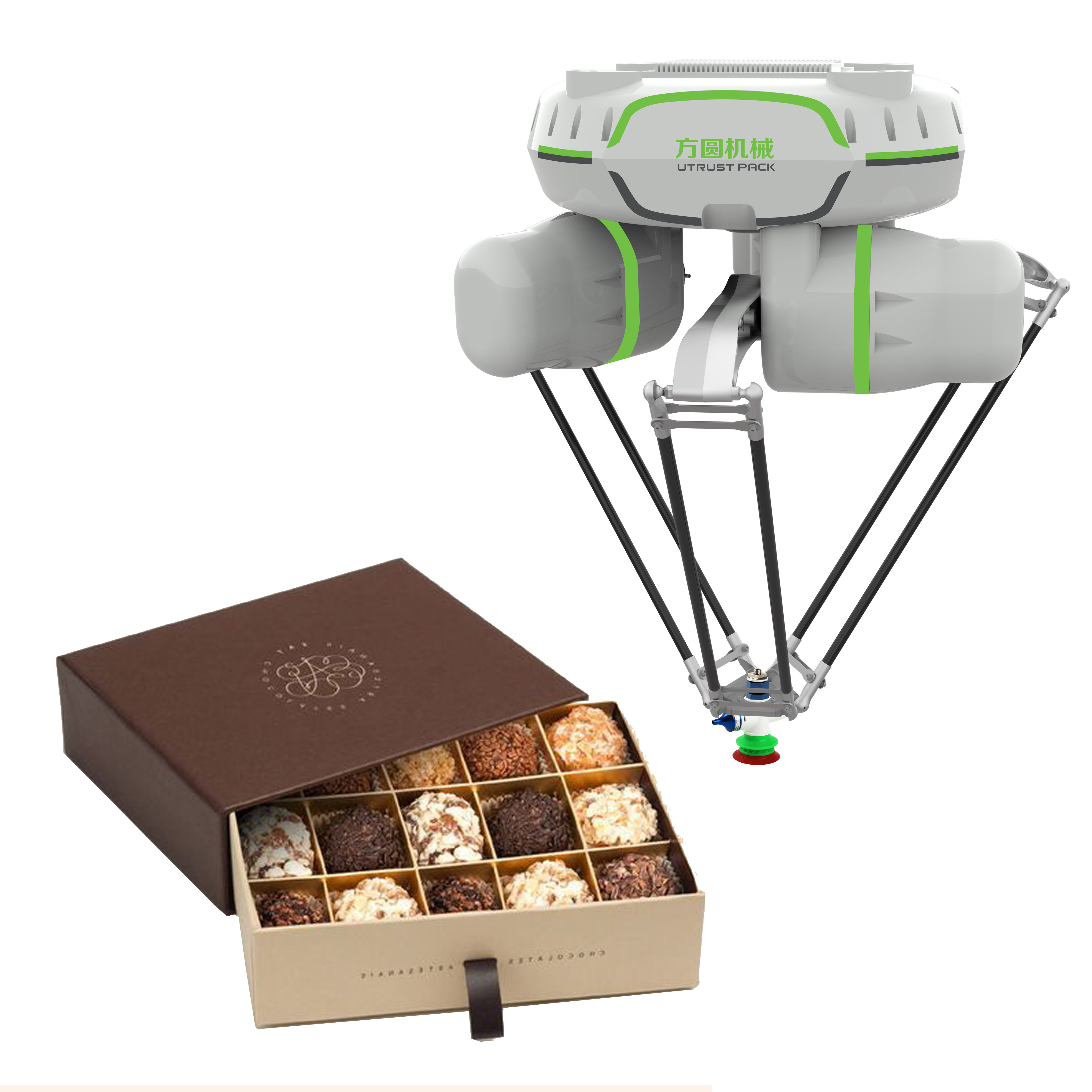 sorting robot 3 axis spider arm manipulator food snack robot nuts truffles  almonds chocolate gift box robotic sorting arm