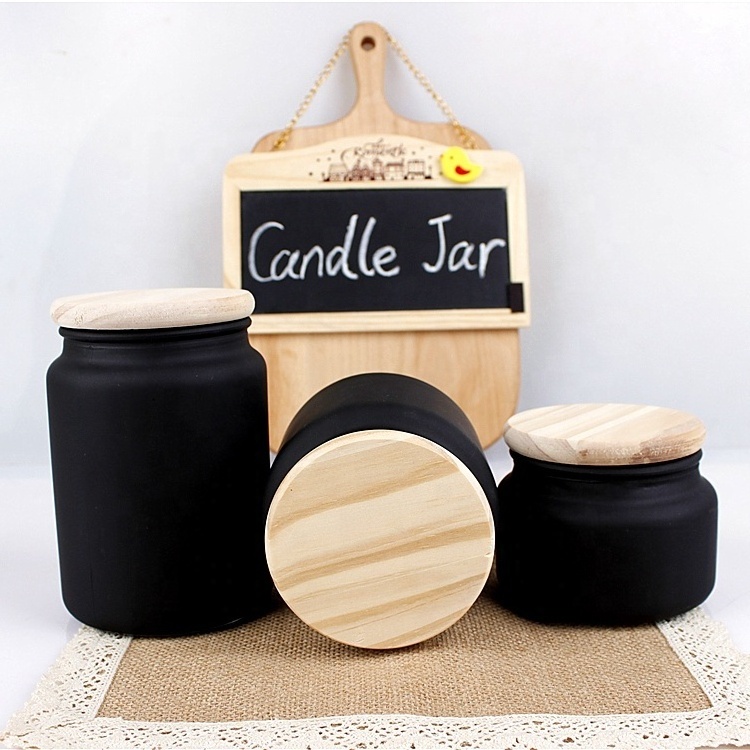 300ml 500ml 700ml Empty Black Matte Candle Jar  Frosted Glass Candle Holder Set of 3 with Wooden lid