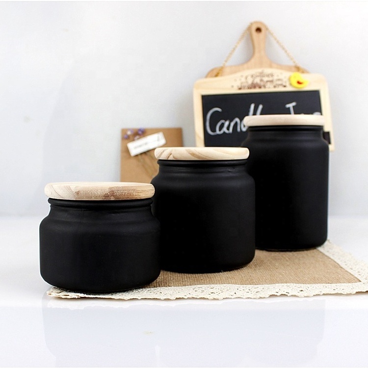 300ml 500ml 700ml Empty Black Matte Candle Jar  Frosted Glass Candle Holder Set of 3 with Wooden lid