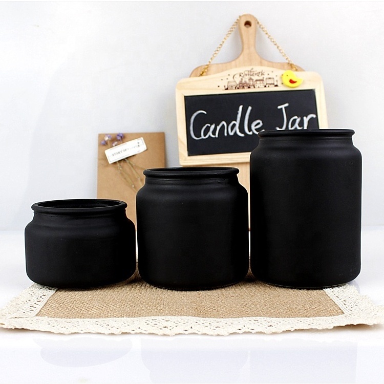 300ml 500ml 700ml Empty Black Matte Candle Jar  Frosted Glass Candle Holder Set of 3 with Wooden lid