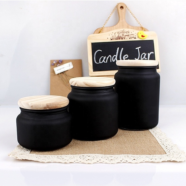 300ml 500ml 700ml Empty Black Matte Candle Jar  Frosted Glass Candle Holder Set of 3 with Wooden lid