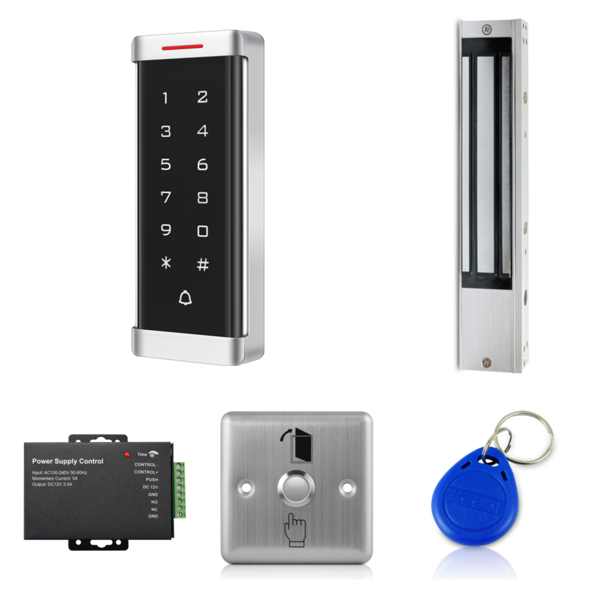 Door Access Control DIY Kit with RFID Access Control Keypad Power Supply Electromagnetic Lock Metal Exit Button RFID Keyfob 2000