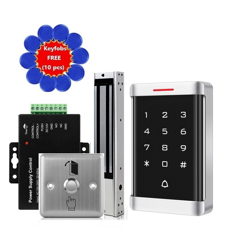 Door Access Control DIY Kit with RFID Access Control Keypad Power Supply Electromagnetic Lock Metal Exit Button RFID Keyfob 2000