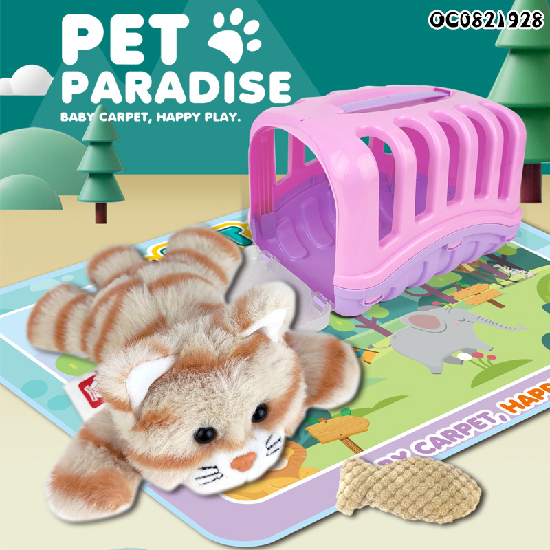 Floor mat kids pretend play toy cat plush toys with pet carrier cage