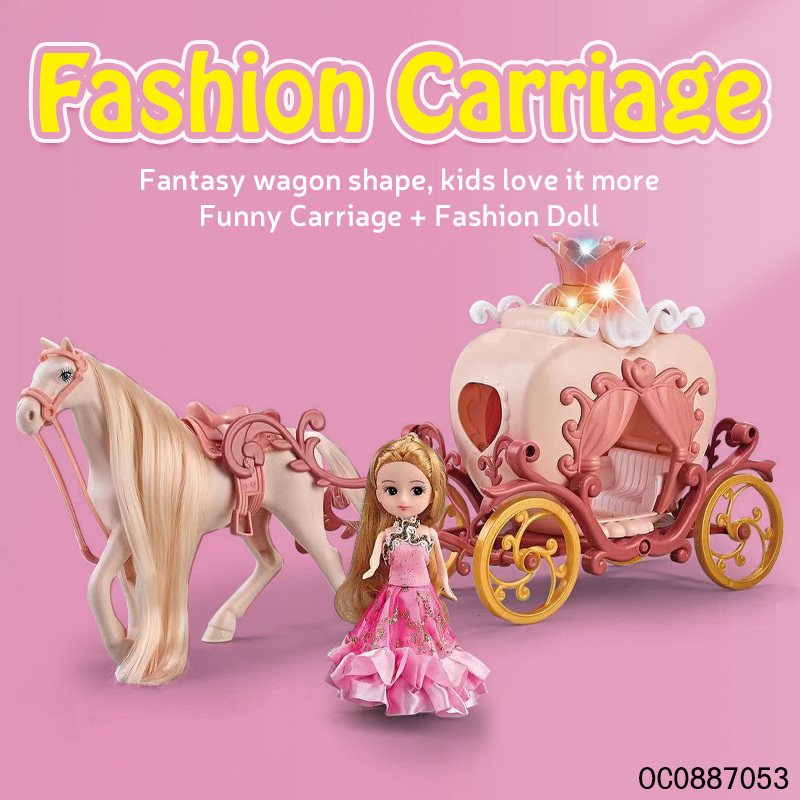 Lighted up battery operated princess horse and carriage toy with doll for kids