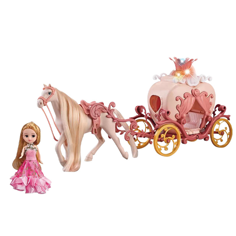 Lighted up battery operated princess horse and carriage toy with doll for kids