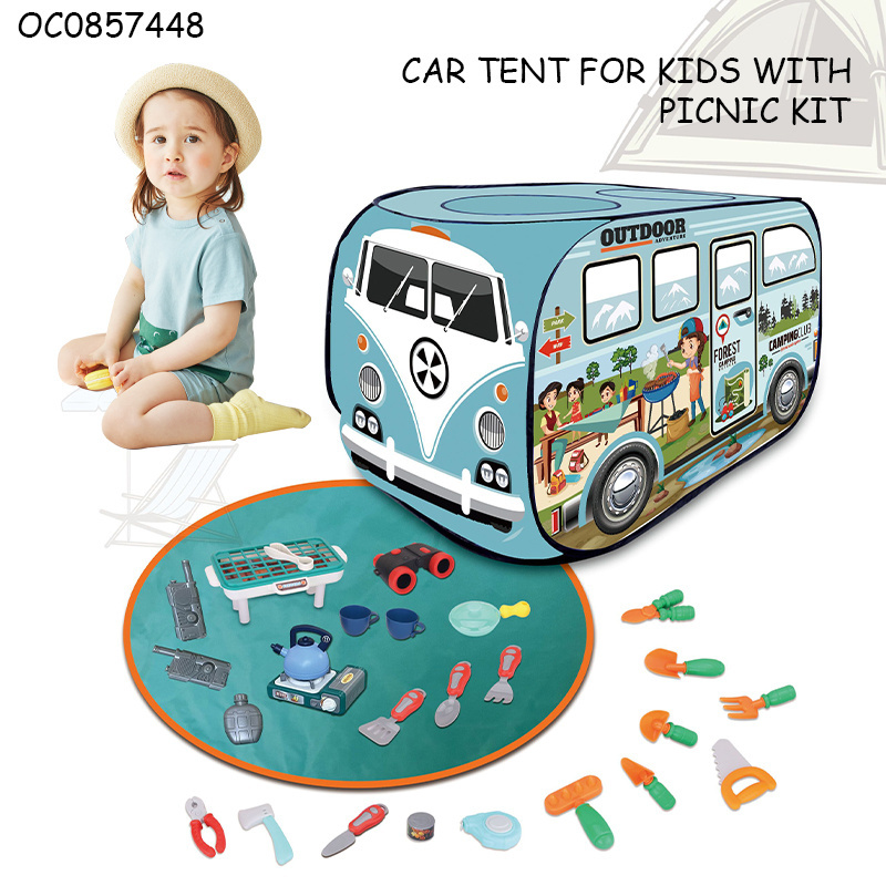 Outdoor pretend play bus tent cooking mini camping plastic picnic set toy for kids