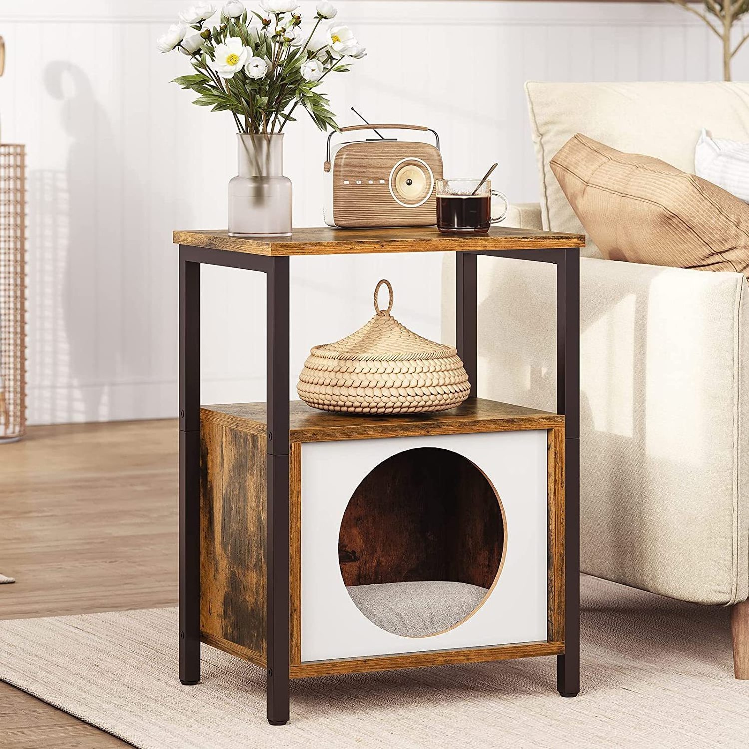 End Side Table Nightstand Wooden Condo Furniture With Soft Bed Cute Cat Cave for Indoor Small Cats Kittens Pet House Play