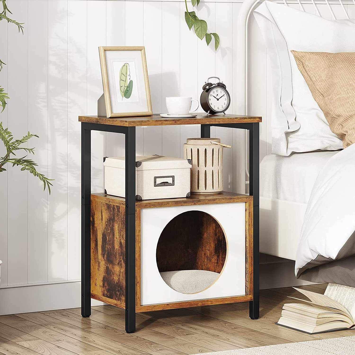 End Side Table Nightstand Wooden Condo Furniture With Soft Bed Cute Cat Cave for Indoor Small Cats Kittens Pet House Play