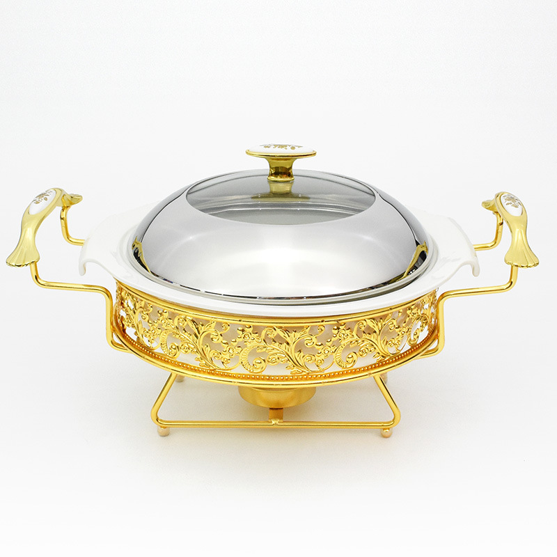 Gold Chafing Dish Round Shape Hotel Food warmer Chafing Dishes ceramic Buffet Food Warmer Dish for Wedding