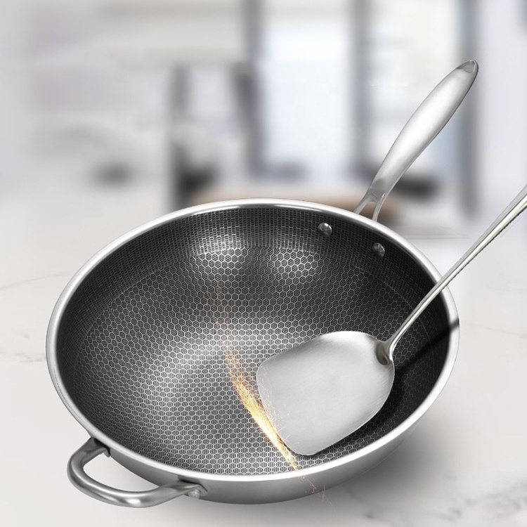 430 stainless steel wok thickened full-screen honeycomb uncoated non-stick non-oily smoke-free flat-bottomed gift pan