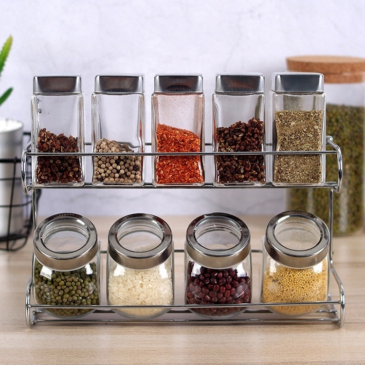 Kitchen 9 Pieces Empty Glass Spice Jars Spice Containers with Airtight Stainless Steel Lid & Rack Holder