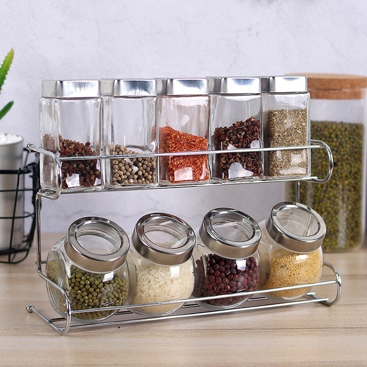 Kitchen 9 Pieces Empty Glass Spice Jars Spice Containers with Airtight Stainless Steel Lid & Rack Holder