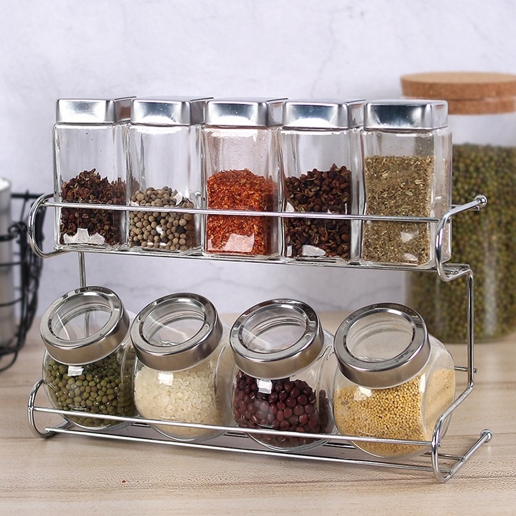 Kitchen 9 Pieces Empty Glass Spice Jars Spice Containers with Airtight Stainless Steel Lid & Rack Holder