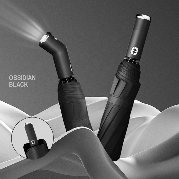 Adjustable Rotating Led Flashlight Umbrella 10-Bone Automatic Umbrella Three-Fold Wind-Resistant Car Business Umbrella