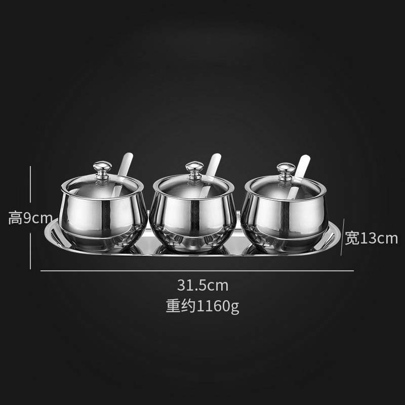 304 stainless steel seasoning box 3pcs kitchen spice jar set with spoon and visible lid