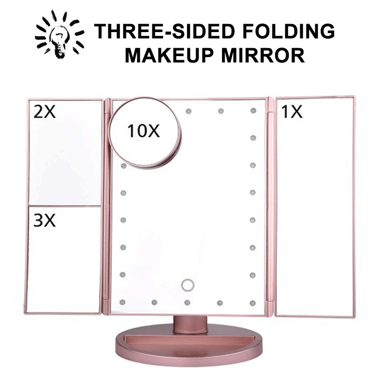 Dual Power Supply Trifold Vanity Mirror with 2X 3X 10X Magnification LED Make up Mirror with Lighting