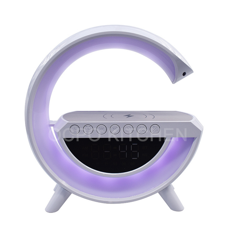 Popular Multifunctional G-shape Bluetooth speaker Alarm Clock LED Music Lamp with Phone Wireless Charger