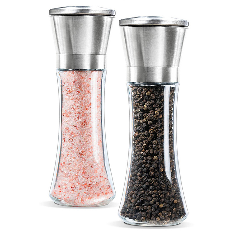 Adjustable Ceramic Tall Glass Salt and Pepper Shakers Stainless Steel Salt and Pepper Grinder Pepper Mill