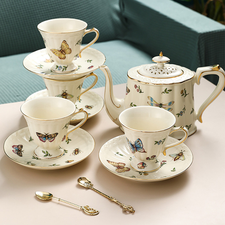 European Style Flower Tea Coffee Cup Saucer Pot Set Butterfly Dragonfly Pastoral Retro Set Palace Style Flower Teapot Ceramic