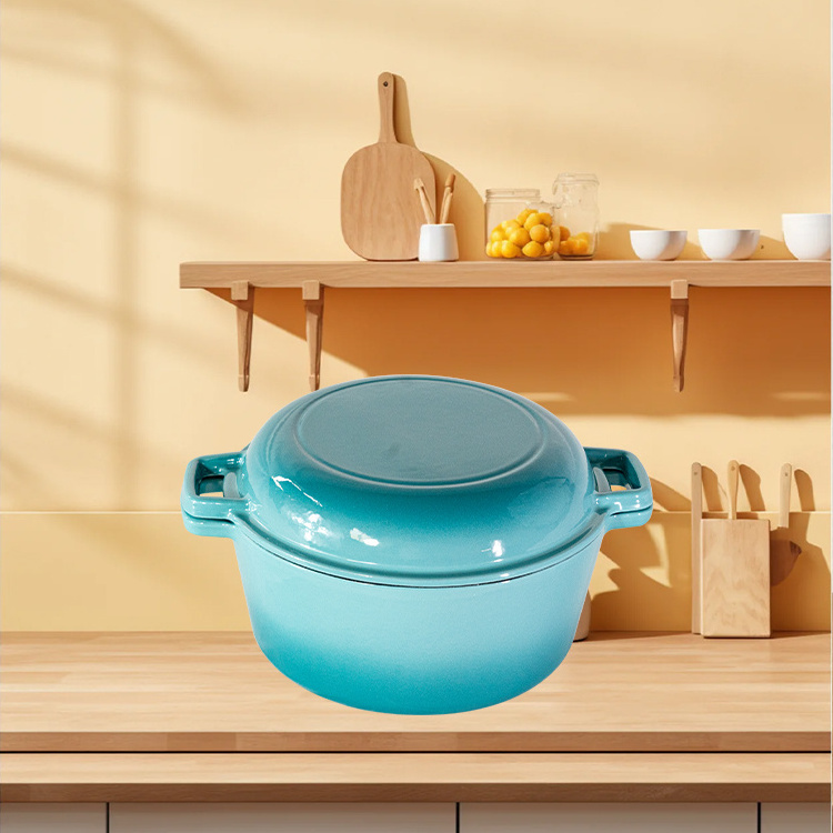 Wholesale by manufacturer Blue Multifunction Enamel Cast Iron Pot with Pan Lid 2 in 1 Combo Cooker Household