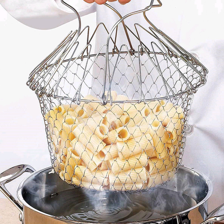 Factory Hot Sale Home Kitchen Folding Fruits Vegetable Sieves Stainless Steel Tenpura Chips Frying Basket