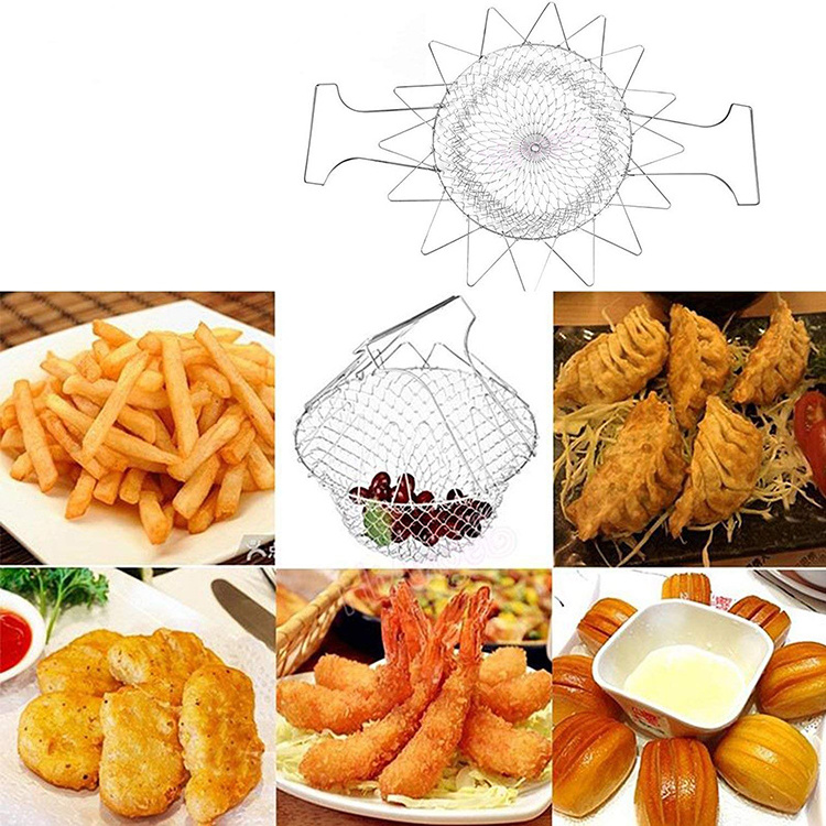 Factory Hot Sale Home Kitchen Folding Fruits Vegetable Sieves Stainless Steel Tenpura Chips Frying Basket