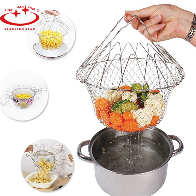 Factory Hot Sale Home Kitchen Folding Fruits Vegetable Sieves Stainless Steel Tenpura Chips Frying Basket