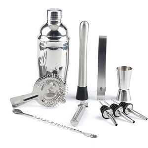 New Product Idea Professional Boston Cocktail Shaker 10-piece Bartender Kit 750ML Stainless Steel Bar Tool Set With Bamboo Stand