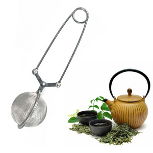 Online New Design Stainless Steel Handle Mesh Tea Strainer Coffee Herb Spice Filter Tea Infuser Squeezer Locking Spoon Tea Ball