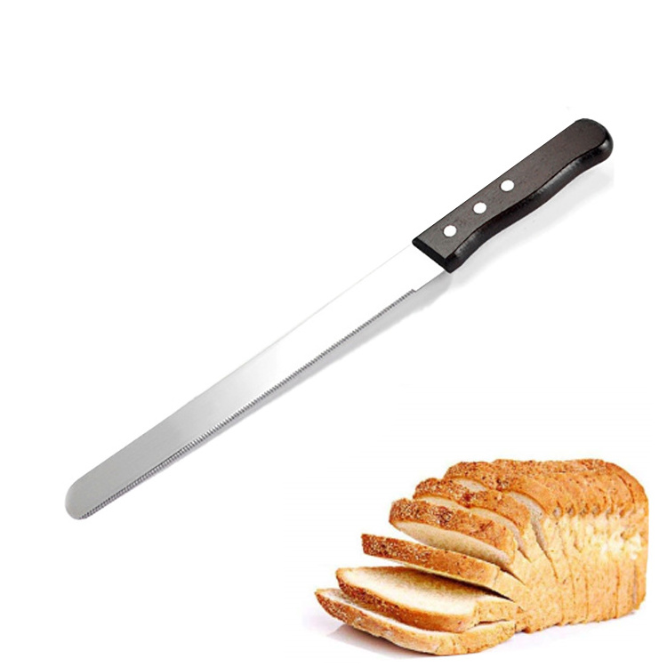 Wholesale Kitchen Gadgets 10 Inch Long Wood Handle Stainless Steel Serrated Blade Toast Ham Cake Bread Cutter Cake Knife Scraper