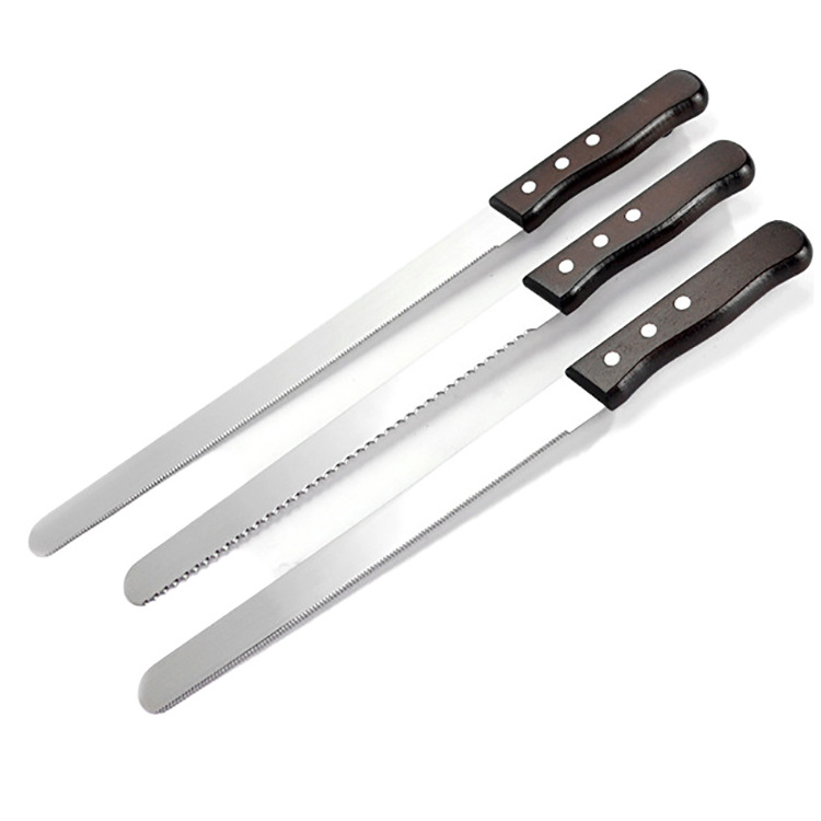 Wholesale Kitchen Gadgets 10 Inch Long Wood Handle Stainless Steel Serrated Blade Toast Ham Cake Bread Cutter Cake Knife Scraper