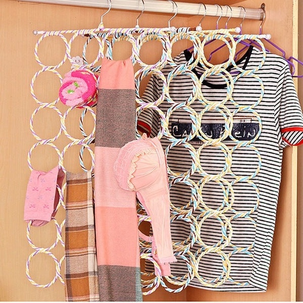 28 Ring Scarf Shawl Scarves Holder Foldable Tie Belt Hook Organizer Rattan Weave Hanger Wardrobe Storage Holder Display Rack