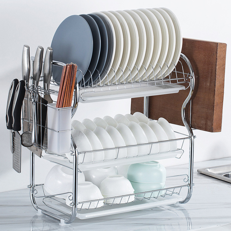 2024 New product kitchen set 3 tiers Multi Functional B shape organizer rack bowl knife dish drying rack metal kitchen rack