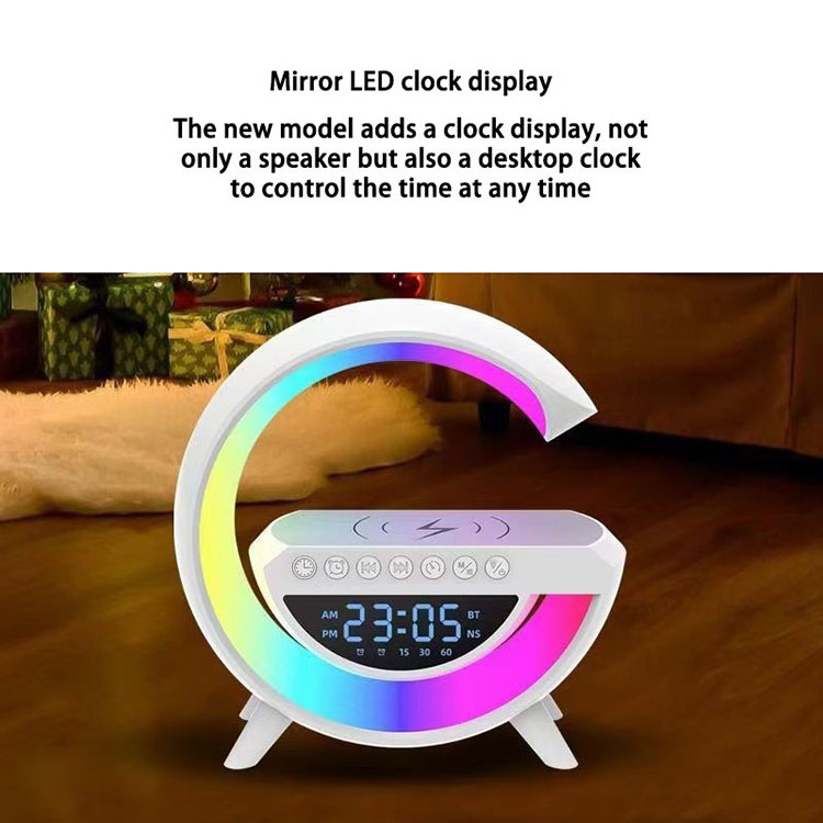 Popular Multifunctional G-shape Bluetooth speaker Alarm Clock LED Music Lamp with Phone Wireless Charger