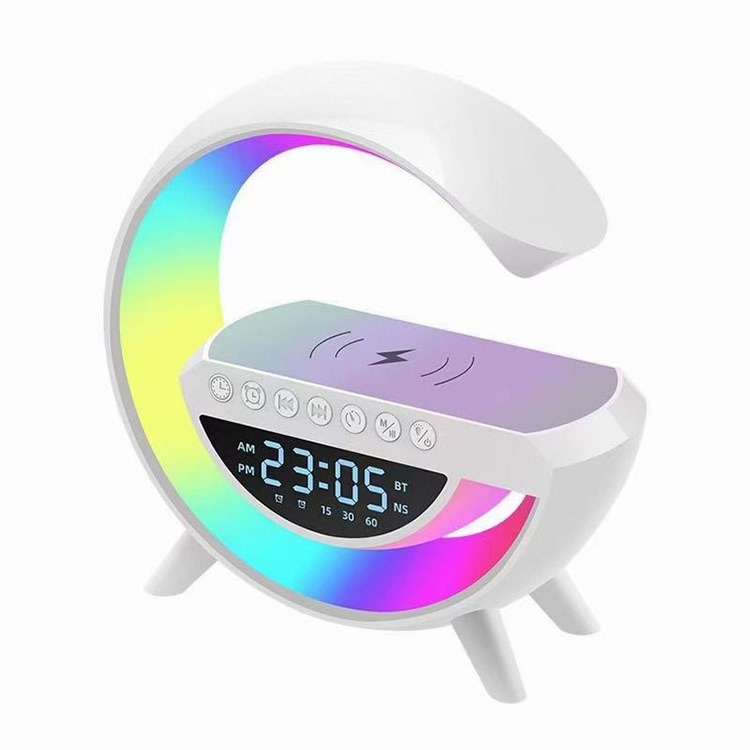 Popular Multifunctional G-shape Bluetooth speaker Alarm Clock LED Music Lamp with Phone Wireless Charger