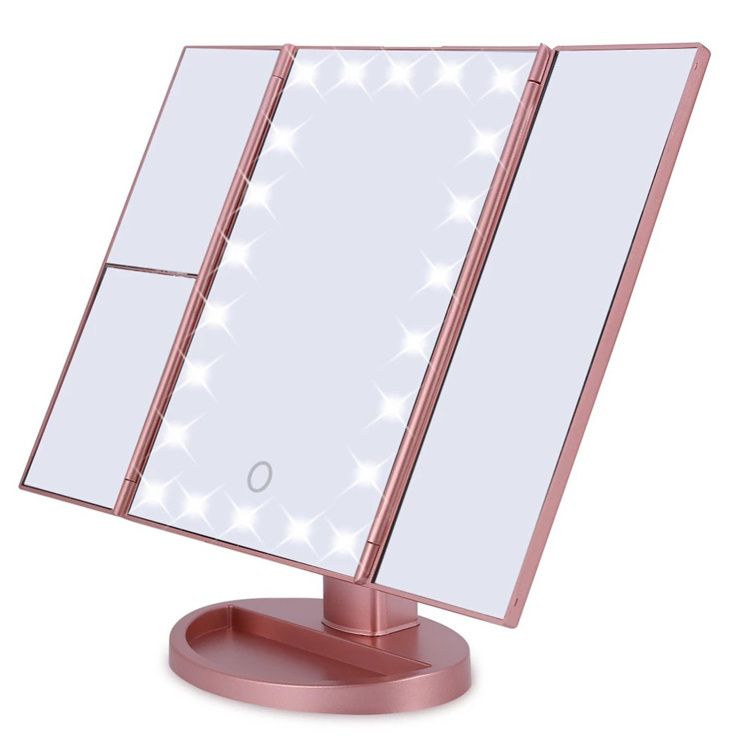 Dual Power Supply Trifold Vanity Mirror with 2X 3X 10X Magnification LED Make up Mirror with Lighting