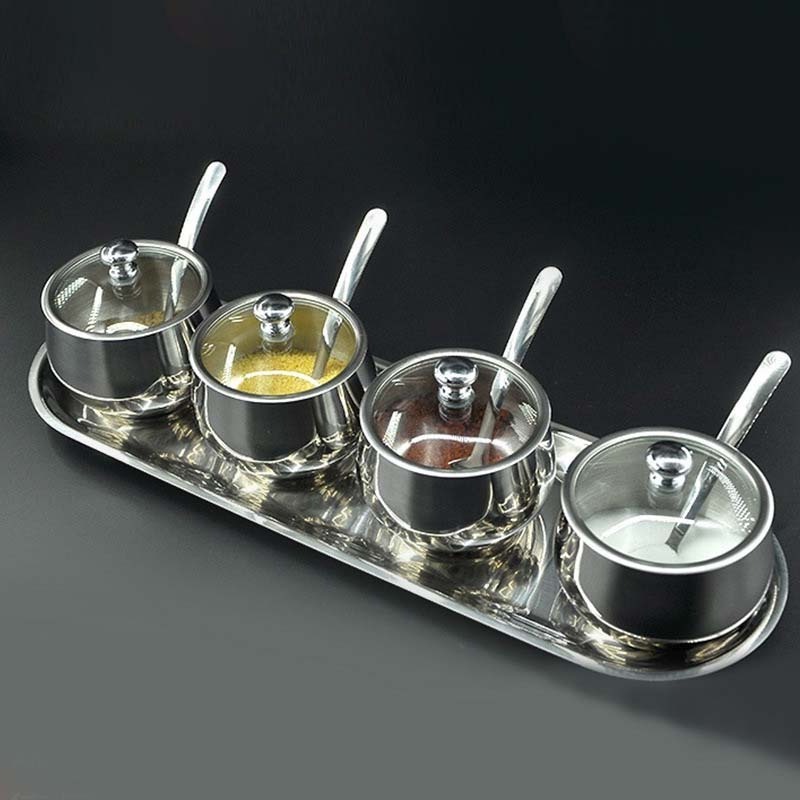 304 stainless steel seasoning box 3pcs kitchen spice jar set with spoon and visible lid