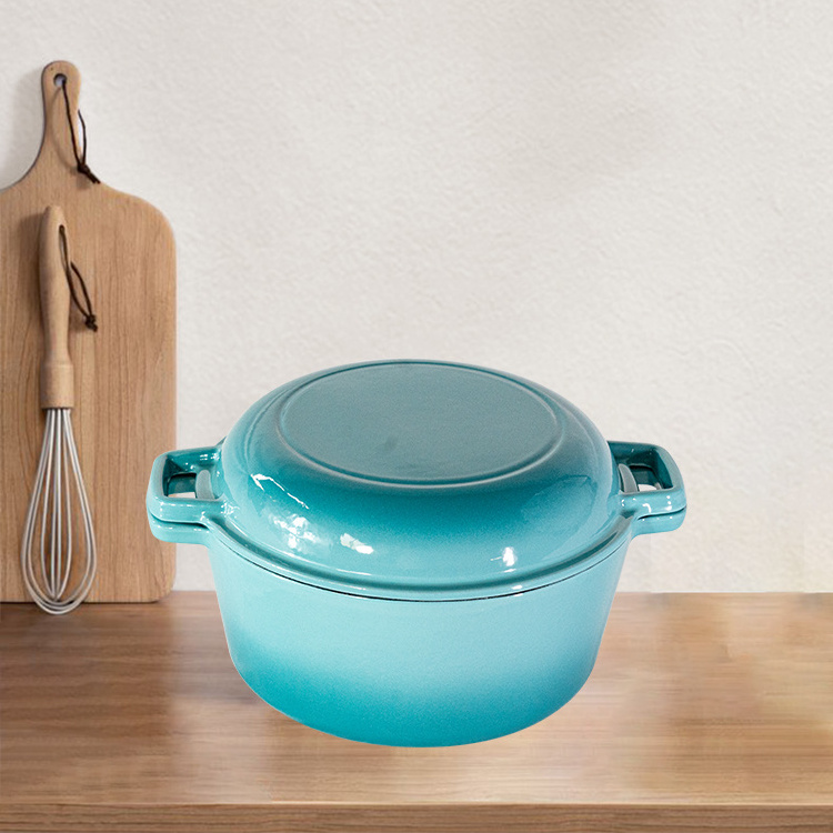 Wholesale by manufacturer Blue Multifunction Enamel Cast Iron Pot with Pan Lid 2 in 1 Combo Cooker Household