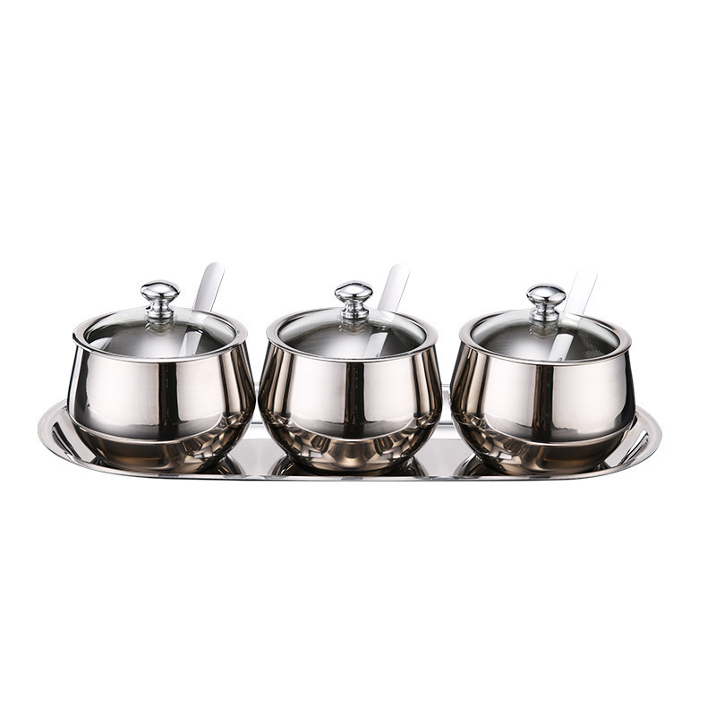 304 stainless steel seasoning box 3pcs kitchen spice jar set with spoon and visible lid