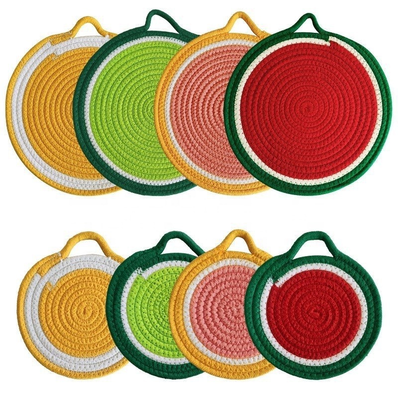 New household kitchen table fruit series round cotton rope woven table plate heat insulation cup pot mat