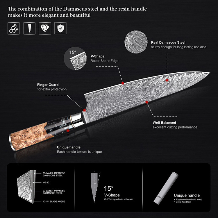 Most Popular Slicing Utility Knife Cooking Tools With Resin Handle Damascus Steel Kitchen Chef Knife Set For Kitchen